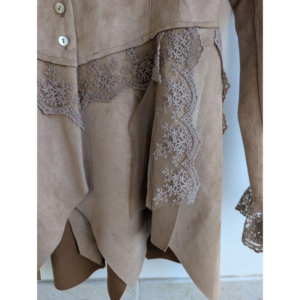 Venus Women M Faux Suede Lace Trim Tunic Jacket Lagenlook Boho Beige Fairycore - Picture 6 of 9